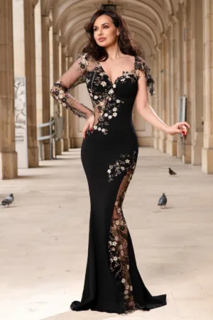 Rochie de seara neagra lunga Anelisse tip sirena cu flori de cires brodate