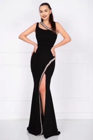 Rochie de seara neagra lunga Florence decorata cu pietre sclipitoare