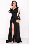 Rochie de seara neagra lunga Julianne cu broderie aplicata si trena detasabila