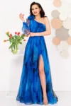 Rochie de seara pretioasa Carolina albastra cu model tip pictura
