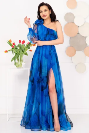 Rochie de seara pretioasa Carolina albastra cu model tip pictura