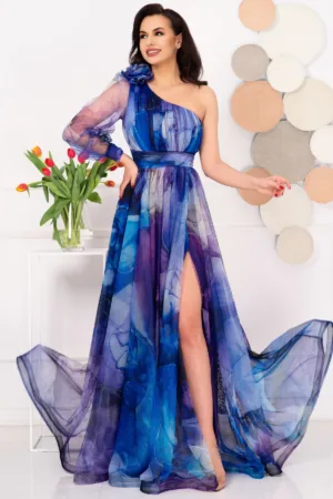 Rochie de seara pretioasa Carolina mov cu model tip pictura