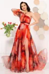 Rochie de seara pretioasa Carolina orange cu model tip pictura