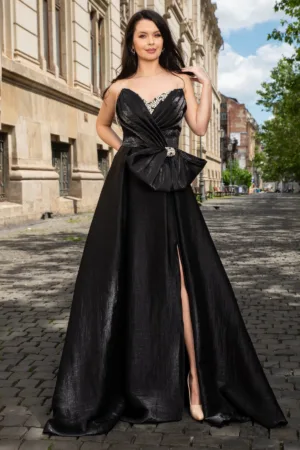 Rochie de seara pretioasa din organza Carlota cu funda maxi si strassuri