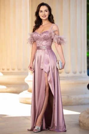 Rochie de seara rose Valeria din tafta cu paiete si fulgi