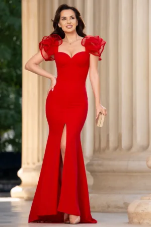 Rochie de seara rosie Ginevra cu volane la umeri