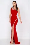 Rochie de seara rosie lunga Florence decorata cu pietre sclipitoare