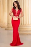 Rochie de seara rosie tip sirena Carola decorata cu paiete