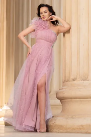 Rochie de seara roz Clio din tulle brodat cu floare 3D pe umar si strassuri