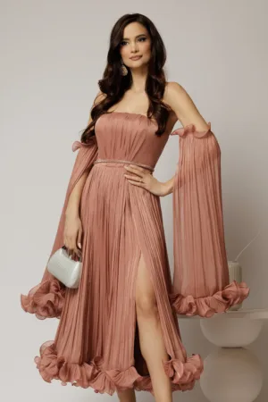 Rochie de seara roz coniac cu volanase din voal cu pelicula si maneci detasabile