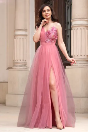 Rochie de seara roz din tulle Minerva cu flori 3D