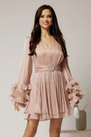 Rochie de seara roz din voal cu pelicula si catarama in talie