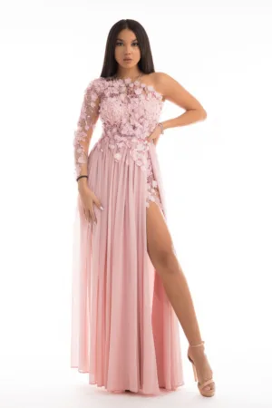 Rochie de seara roz prafuit lunga din voal cu flori 3D