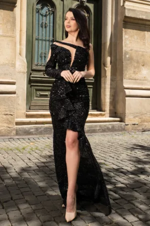 Rochie de seara tip sirena Melania din paiete negre