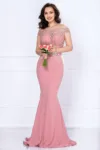 Rochie de seara tip sirena Renata roz cu broderie si fulgi