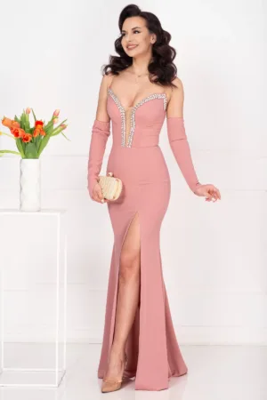 Rochie de seara tip sirena roz Despina cu maneci detasabile