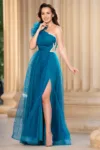 Rochie de seara turquoise Clio din tulle brodat cu floare 3D pe umar si strassuri