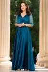 Rochie de seara turquoise Giorgia lunga din tafta cu maneci paietate