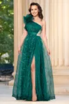 Rochie de seara verde Clio din tulle brodat cu floare 3D pe umar si strassuri