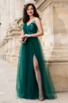 Rochie de seara verde din tulle Minerva cu flori 3D