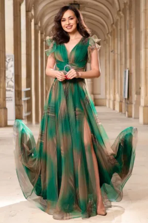 Rochie de seara verde lunga Tereza cu imprimeu tip pictura