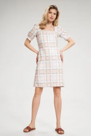 Rochie de vara M704 - ecru cu accente multicolore - poliester - decolteu patrat - maneci scurte