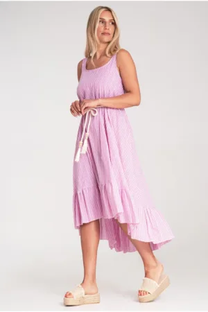 Rochie de vara - cu dungi - bretele subtiri - roz - material universal -