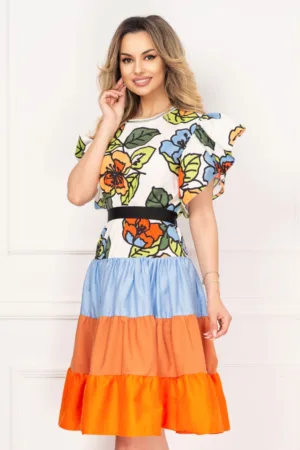 Rochie de vara cu volanase si imprimeu floral multicolor