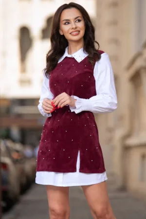 Rochie de zi bordo cu maneci si guler tip camasa