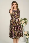 Rochie de zi din satin maro cu imprimeuri mov si galbene