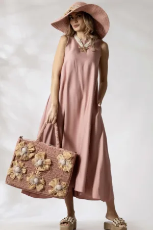 Rochie de zi din vascoza de culoare roz pudra