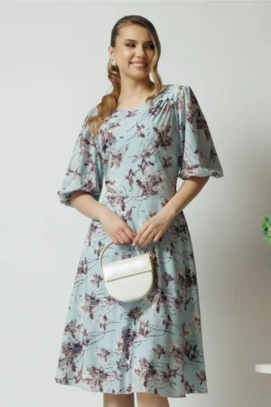 Rochie de zi din viscoza bleu cu imprimeuri florale gri