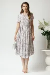 Rochie de zi din viscoza gri cu imprimeu si cordon in talie