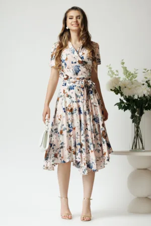 Rochie de zi din viscoza roz pal cu imprimeu si cordon in talie