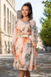 Rochie de zi in clos Karen bej cu imprimeu floral