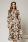 Rochie de zi midi bej cu imprimeuri caramizii tip camasa cu cordon in talie