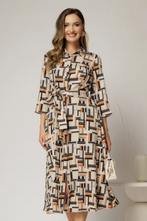 Rochie de zi midi bej cu imprimeuri caramizii tip camasa cu cordon in talie