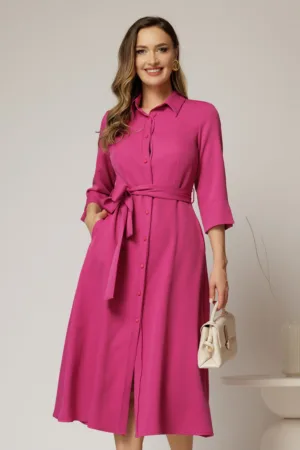 Rochie de zi midi fucsia tip camasa cu cordon in talie
