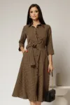 Rochie de zi midi in carouri negre si maro tip camasa cu cordon in talie