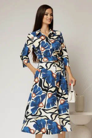 Rochie de zi midi ivoar cu imprimeuri albastre tip camasa cu cordon in talie