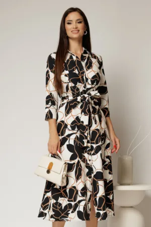 Rochie de zi midi neagra cu imprimeuri bej tip camasa cu cordon in talie