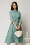 Rochie de zi midi turcoaz tip camasa cu cordon in talie