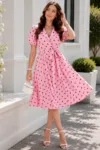 Rochie de zi roz Ayana in clos cu buline maro