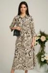 Rochie de zi tip camasa din crep bej cu imprimeu si cordon in talie