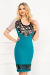 Rochie de zi turquoise cu aplicatii florale din piele eco