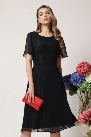 Rochie de zi vaporaosa din voal neagra cu maneci scurte