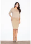 Rochie  decolteu barca - bej - eleganta - bumbac