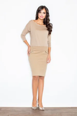 Rochie decolteu barca - bej - eleganta - bumbac