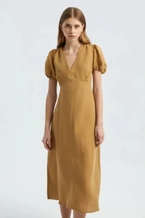 Rochie  decolteu in V - maneci bufante - mustar - textil