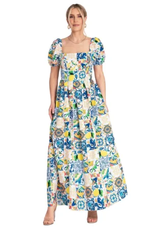 Rochie decolteu patrat - maneci bufante - albastra - bumbac/elastan -